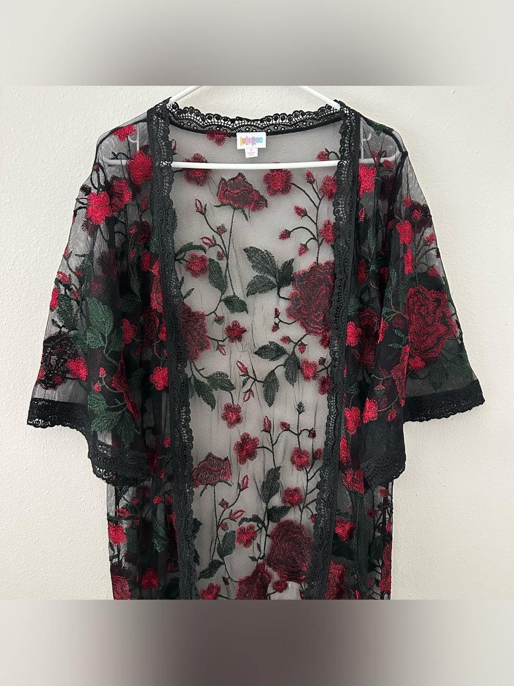 Lularoe Long Sheer Lace Duster Sweater S Black Red Embroidered Floral Whimsigoth - Picture 2 of 9